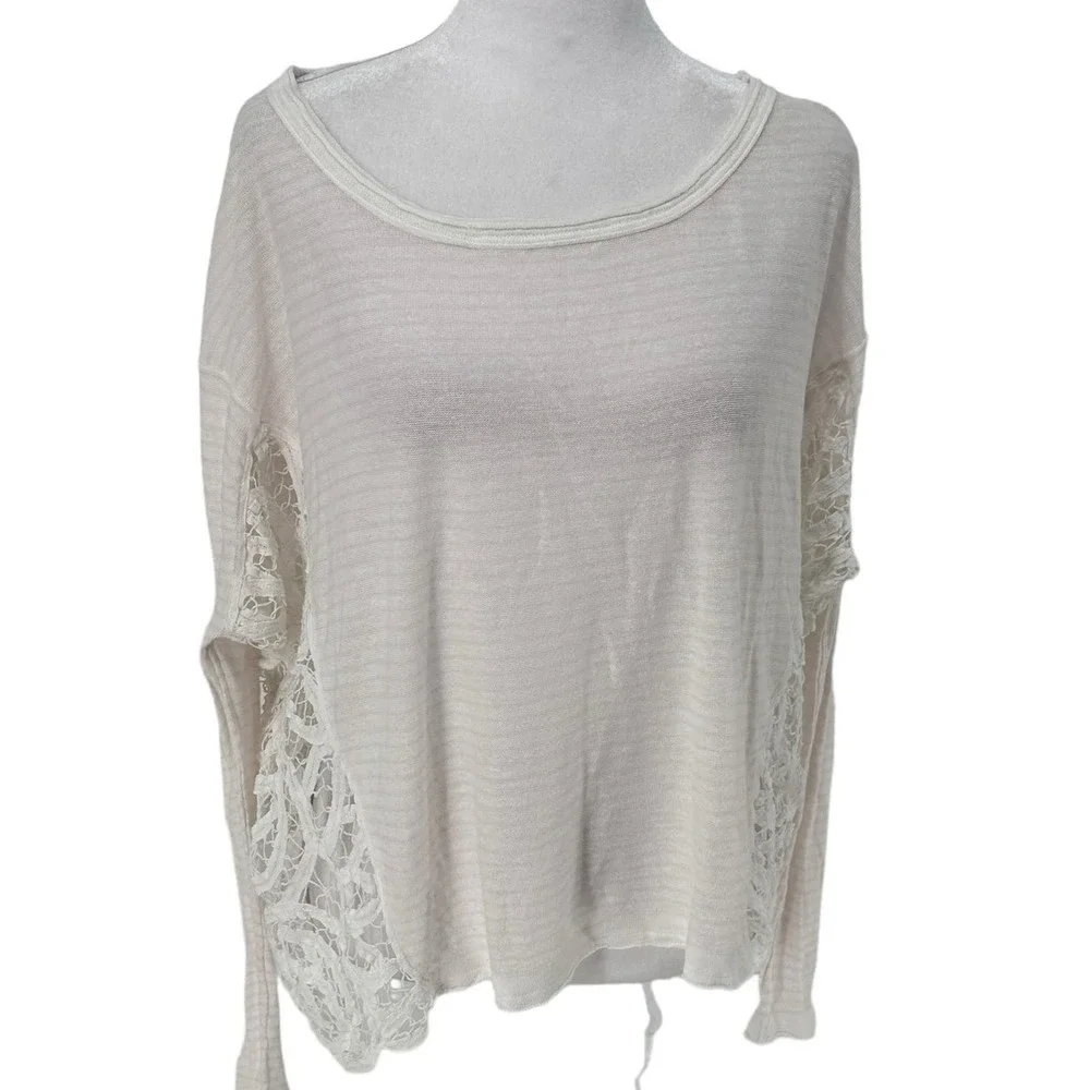 Free People Womens Pullover Sweater White Crochet Top Scoop Neck Knit Size M